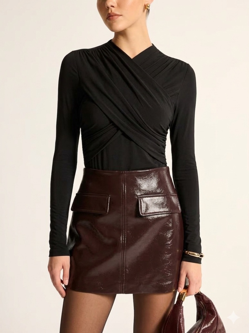 COMMENSE Black Draped Wrap-Front Ruched Long Sleeve Top Blouse Shirt Size XL